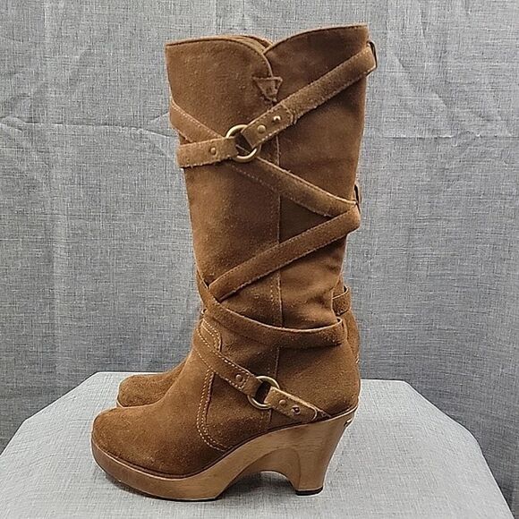 Michael Kors Tall Brown Suede Leather Strappy Wedge Heeled Slouch Boots SZ  6.5 - Picture 9 of 13